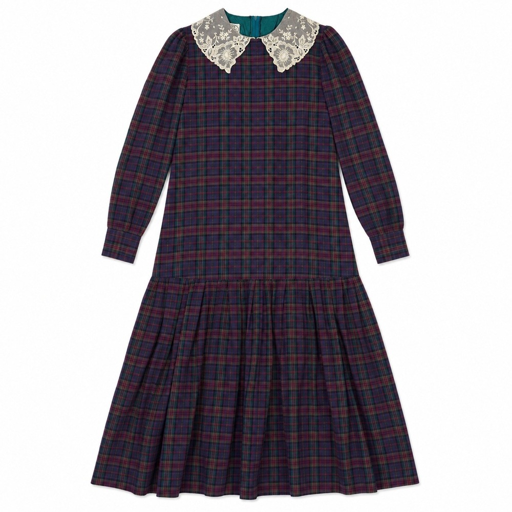 Vtg 80s Laura Ashley Great Britain Plaid Lace Collar Midi Dress Purple 10